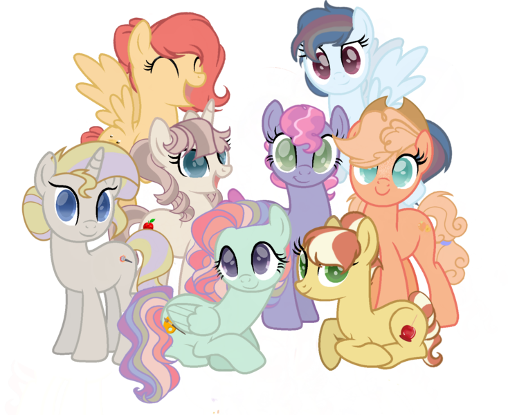 Size: 1764x1441 | Tagged: safe, artist:rachels-art1, derpibooru import, oc, oc:candy apple, oc:cotton candy, oc:crystal apple, oc:dove, oc:honey, oc:pastel, oc:peaches, oc:prism, unofficial characters only, earth pony, pegasus, pony, unicorn, base used, colored pupils, cowboy hat, eyes closed, female, flying, folded wings, group, hat, horn, image, looking at you, lying down, magical lesbian spawn, mare, next generation, offspring, open mouth, open smile, parent:applejack, parent:big macintosh, parent:flim, parent:fluttershy, parent:pinkie pie, parent:pokey pierce, parent:rainbow dash, parent:rarity, parent:soarin', parent:trenderhoof, parents:applepie, parents:flimjack, parents:flutterdash, parents:fluttermac, parents:pokeypie, parents:rarijack, parents:soarindash, parents:trenderity, png, prone, simple background, smiling, smiling at you, spread wings, stetson, transparent background, wings