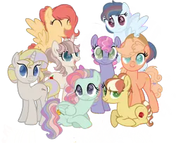 Size: 1764x1441 | Tagged: safe, artist:rachels-art1, derpibooru import, oc, oc:candy apple, oc:cotton candy, oc:crystal apple, oc:dove, oc:honey, oc:pastel, oc:peaches, oc:prism, unofficial characters only, earth pony, pegasus, pony, unicorn, base used, colored pupils, cowboy hat, eyes closed, female, flying, folded wings, group, hat, horn, image, looking at you, lying down, magical lesbian spawn, mare, next generation, offspring, open mouth, open smile, parent:applejack, parent:big macintosh, parent:flim, parent:fluttershy, parent:pinkie pie, parent:pokey pierce, parent:rainbow dash, parent:rarity, parent:soarin', parent:trenderhoof, parents:applepie, parents:flimjack, parents:flutterdash, parents:fluttermac, parents:pokeypie, parents:rarijack, parents:soarindash, parents:trenderity, png, prone, simple background, smiling, smiling at you, spread wings, stetson, transparent background, wings