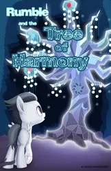 Size: 1989x3072 | Tagged: safe, artist:anonymousandrei, derpibooru import, rumble, tree of harmony, pegasus, pony, comic:rumble and the tree of harmony, g4, blank flank, colt, comic cover, cover, cover art, derpibooru exclusive, foal, image, jpeg, male, tree branch, underhoof