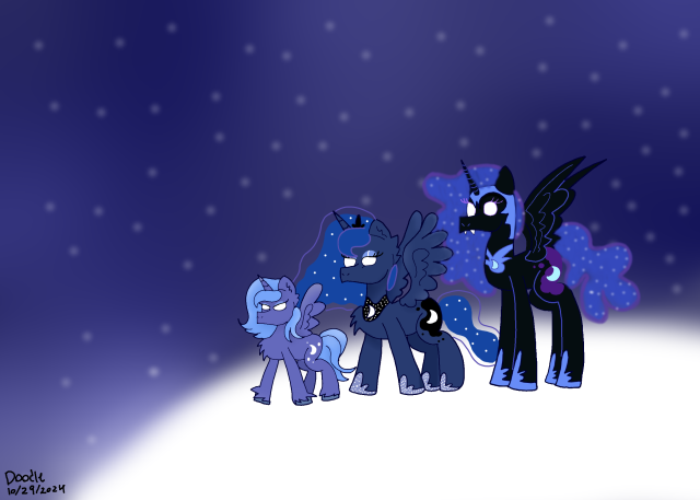 Size: 640x457 | Tagged: safe, artist:doodle-doodie-doo, derpibooru import, nightmare moon, princess luna, alicorn, pony, glow, glowing eyes, image, mlp fim's fourteenth anniversary, moon, png, s1 luna, space