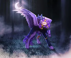 Size: 1080x890 | Tagged: safe, artist:reminati_27, derpibooru import, oc, unofficial characters only, pony, antlers, clothes, crescent moon, eye scar, facial scar, fog, forest, image, jpeg, moon, nature, scar, solo, spread wings, tree, wings