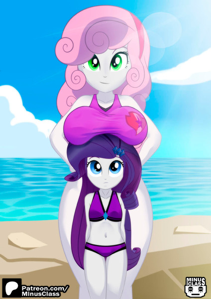 Size: 707x1000 | Tagged: suggestive, alternate version, artist:minusclass, derpibooru import, part of a set, rarity, sweetie belle, human, equestria girls, g4, 2d, age difference, age swap, alternate character, beach, belly, belly button, bikini, bikini bottom, bikini top, boobhat, breasts, busty sweetie belle, cleavage, clothes, cloud, crepuscular rays, cutie mark, cutie mark on clothes, diamond, female, hairband, hairclip, hand on hip, height difference, humanized, image, jewelry, jpeg, looking up, midriff, ocean, older, older sweetie belle, outdoors, patreon, patreon logo, rarity's purple bikini, role reversal, sand, siblings, sisters, sky, swimsuit, water