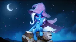 Size: 2240x1248 | Tagged: safe, ai content, derpibooru import, machine learning assisted, prompter:aixb, trixie, unicorn, g4, cape, clothes, crescent moon, hat, horn, image, looking at you, moon, my little pony the movie: the death of twilight sparkle, night, png, sitting, sitting on rock, smiling, smirk, smug, stars, tail, touching face, trixie's cape, trixie's hat, wind, windswept tail