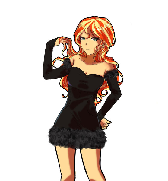 Size: 1834x1976 | Tagged: safe, artist:dusknebula, derpibooru import, sunset shimmer, human, equestria girls, g4, bare shoulders, black dress, breasts, cleavage, clothes, detached sleeves, dress, ear piercing, earring, eyebrows, eyebrows visible through hair, female, hand on hip, image, jewelry, jpeg, lidded eyes, looking at you, piercing, raised eyebrow, simple background, smiling, solo, strapless, white background