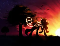 Size: 1080x815 | Tagged: safe, artist:reminati_27, derpibooru import, oc, unofficial characters only, bird, pony, commission, female, image, jpeg, mare, silhouette, sunset, tree