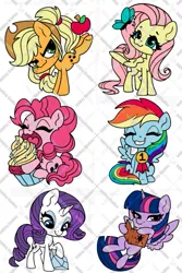 Size: 533x796 | Tagged: safe, artist:inkkeystudios, derpibooru import, applejack, fluttershy, pinkie pie, rainbow dash, rarity, twilight sparkle, twilight sparkle (alicorn), alicorn, butterfly, earth pony, insect, pegasus, pony, unicorn, g4, apple, book, chibi, cupcake, cute, diamond, food, horn, image, mane six, medal, png