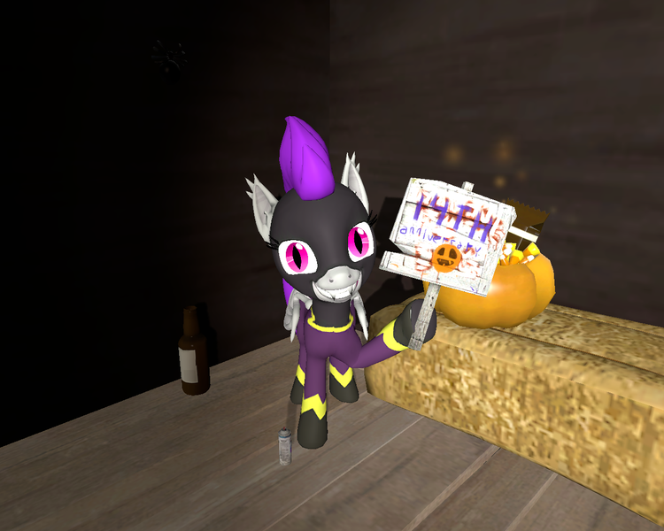 Size: 1280x1024 | Tagged: safe, artist:krautalicornss, derpibooru import, oc, oc:kassie, unofficial characters only, bat pony, 3d, bat pony oc, bat wings, bottle, candy, candy corn, chocolate, clothes, costume, food, gmod, hay bale, image, mlp fim's fourteenth anniversary, nightmare night, png, pumpkin, shadowbolts costume, sign, smiling, spray can, wings