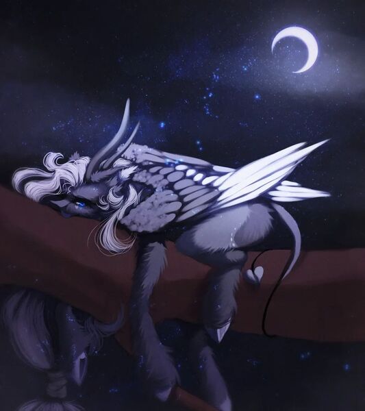 Size: 1046x1177 | Tagged: safe, artist:reminati_27, derpibooru import, oc, unofficial characters only, pony, crescent moon, devil tail, horns, image, in a tree, jpeg, lying down, moon, night, prone, solo, tail, tree, unshorn fetlocks, wings