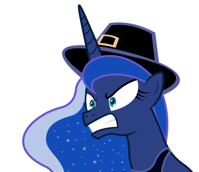 Size: 5184x4500 | Tagged: safe, artist:1611volk, artist:dharthez, derpibooru import, edit, vector edit, princess luna, alicorn, pony, g4, luna eclipsed, season 2, angry, bust, cromwell, ethereal mane, hat, image, png, puritan, simple background, solo, transparent background, vector