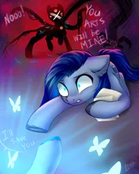 Size: 1920x2400 | Tagged: semi-grimdark, artist:lina, derpibooru import, oc, oc:lina, oc:lina firesoul, ponified, unofficial characters only, butterfly, earth pony, insect, pony, bluesky, danger, feather, image, looking at each other, looking at someone, meta, oc x oc, png, shine, shipping, tentacles, text, twitter