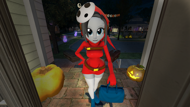 Size: 2560x1440 | Tagged: safe, artist:oatmeal!, derpibooru import, marble pie, ghost, human, shy guy, undead, equestria girls, g4, 3d, bag, candy bag, clothes, costume, decoration, gmod, halloween, halloween costume, holiday, humanized, image, jack-o-lantern, legs together, looking at you, mask, night, png, pumpkin, robe, shy gal, socks, solo, standing, super mario bros., super mario bros. 2, thigh highs, trick or treat