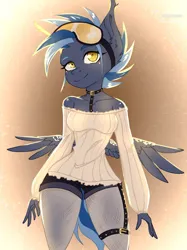 Size: 1197x1600 | Tagged: safe, artist:shinamon94, derpibooru import, oc, oc:pixi feather, unofficial characters only, anthro, pegasus, breasts, choker, clothes, glasses, image, jpeg, looking at you, simple background, spread wings, wings, yellow eyes