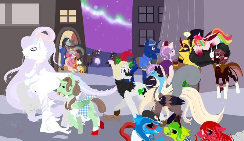 Size: 5200x3000 | Tagged: safe, artist:squeezymouse, derpibooru import, oc, oc:bit shift, oc:bow legged, oc:cardia, oc:chocolatier, oc:crows nest, oc:dandelion drifter, oc:good graces, oc:lord sastrugi, oc:malic acid, oc:nove, oc:oito, oc:pigeon toed, oc:sete, oc:silk veil, oc:tri color, oc:zero variegation, ponified, abada, alicorn, bat pony, bicorn, classical unicorn, crystal pony, hybrid, kirin, original species, pegasus, plant pony, pony, unicorn, vampire, vampire bat pony, aladdin, alex gaskarth, alicorn oc, animal ears, apron, artificial eye, aurora borealis, aviator goggles, bag, bat wings, beret, black sclera, blaze (coat marking), blood, bow, brain, candy, candy bag, cape, chest fluff, clothes, cloud, cloven hooves, coat, coat markings, collar, colored eartips, colored hooves, colored horn, colored pupils, colored sclera, colored tongue, colored wings, colored wingtips, colt, commission, costume, crystal ball, curved horn, dress, dyed mane, ear piercing, earring, eating, ethereal mane, eyes closed, eyeshadow, face paint, facial markings, female, fez, foal, folded wings, food, fur, fur collar, glasses, gloomy bear, goggles, gradient hooves, gradient horn, gradient pattern, hair bow, hat, hermit crab, hood, hooves, horn, hybrid pony, image, jewelry, jumpsuit, kirin oc, kraken pony, leonine tail, lineless, long horn, magic, magic aura, makeup, male, marching, mare, mask, mlp fim's fourteenth anniversary, multicolored eyes, multicolored hair, multicolored horn, multicolored tail, multicolored wings, multiple horns, night, nightmare night, no catchlights, no iris, on a cloud, open door, open mouth, open smile, organs, pegasus oc, piercing, pipboy, plant, png, potion, purple sky, rainbow hair, rainbow tail, raised hoof, raven (guilty gear), ribbon, rocky and bullwinkle, s'mores, scar, see-through, shoes, siblings, signature, sitting, sitting on cloud, slit pupils, smiling, snow, snowball, socks, spaded tail, speech bubble, square pupils, stallion, standing, starry mane, stars, sweater, swirly eyes, tail, tail bow, tent, tentacle hair, the king in yellow, the wizard of oz, torn clothes, town, twins, unicorn oc, unshorn fetlocks, vault suit, veil, vest, vflower, walking, white pupils, wig, window, wings, wooden hooves, yatterman, yatterman-1