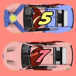 Size: 3464x3464 | Tagged: safe, artist:screaming luigi racing, derpibooru import, screencap, oc, oc:espie pantomimia, oc:estella pantomimia, unofficial characters only, earth pony, car, derpibooru exclusive, duo, duo female, elements of justice, female, ford dark horse, image, jpeg, nascar, photo, siblings, twins