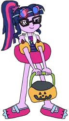 Size: 1941x3405 | Tagged: safe, artist:christian soto, derpibooru import, sci-twi, twilight sparkle, equestria girls, g4, clothes, equestria girls specials, flippers, glasses, goggles, halloween, holiday, image, my little pony equestria girls: better together, my little pony equestria girls: forgotten friendship, png, pumpkin bucket, simple background, swimsuit, towel, transparent background, trick or treat, water wings