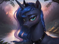 Size: 8192x6144 | Tagged: safe, ai content, derpibooru import, machine learning generated, prompter:molagbal, princess luna, alicorn, pony, g4, 4k, bedroom eyes, blushing, female, forest, forest background, high res, image, in water, jpeg, looking at you, nature, river, shy, smiling, smiling at you, solo, solo female, sunset, tree, upper body, water, wet, wet mane