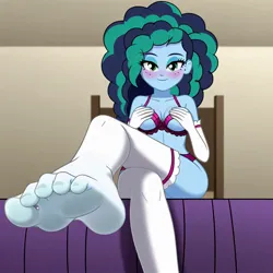 Size: 1024x1024 | Tagged: suggestive, machine learning generated, ponerpics import, equestria girls, g5, clothes, evening gloves, feet, fetish, foot fetish, foot focus, gloves, image, jpeg, lingerie, long gloves, misty brightdawn, sitting, sock fetish, socks, stocking feet, stockings, thigh highs