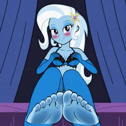 Size: 1024x1024 | Tagged: suggestive, machine learning generated, ponerpics import, trixie, equestria girls, clothes, evening gloves, feet, fetish, foot fetish, foot focus, gloves, image, jpeg, lingerie, long gloves, sitting, sock fetish, socks, stocking feet, stockings, thigh highs, toeless stockings, toes