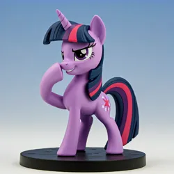 Size: 2048x2048 | Tagged: safe, ai content, anonymous prompter, derpibooru import, machine learning generated, twilight sparkle, unicorn, boop, figurine, gradient background, image, jpeg, open mouth, raised hoof, realistic, self-boop, smug, solo, unicorn twilight