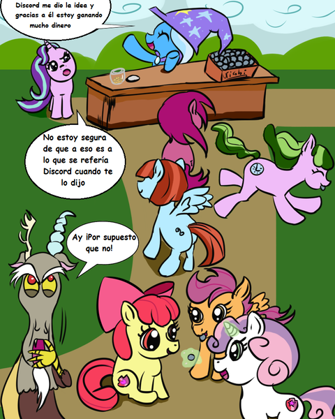 Size: 800x1000 | Tagged: safe, artist:nicolai, derpibooru import, apple bloom, discord, scootaloo, starlight glimmer, sweetie belle, trixie, earth pony, pegasus, pony, unicorn, bits, butt, clothes, comic, cutie mark crusaders, dialogue, female, filly, foal, hat, horn, image, magic, mare, money, plot, png, random pony, road, spanish, spanish text, telekinesis, trixie's hat