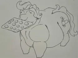 Size: 2188x1638 | Tagged: safe, artist:undertheneighdar, derpibooru import, oc, oc:peppercorn gourmaise, unofficial characters only, earth pony, pony, butter, cookie, earth pony oc, fat, food, image, jpeg, obese, solo, traditional art