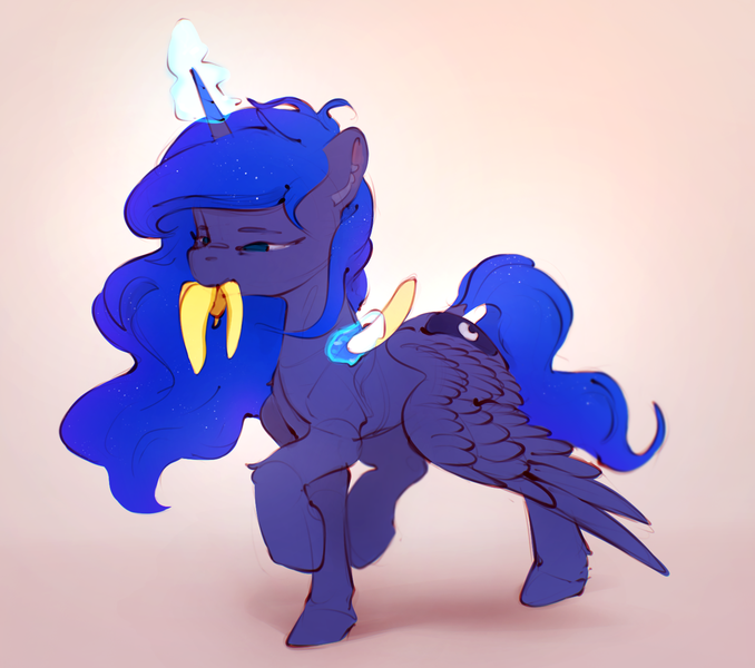 Size: 1547x1369 | Tagged: safe, artist:itssim, derpibooru import, princess luna, alicorn, pony, g4, banana, dock, ear fluff, female, food, glow, glowing horn, horn, image, levitation, magic, magic aura, mare, mouth hold, png, raised hoof, raised leg, solo, spread wings, standing on two hooves, tail, telekinesis, wings