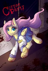 Size: 1365x2048 | Tagged: semi-grimdark, artist:mscolorsplash, derpibooru import, fluttershy, pegasus, pony, g4, blood, clothes, corpse party, female, image, mare, png, running, school uniform, solo, wind, windswept mane