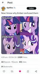 Size: 1080x1992 | Tagged: safe, derpibooru import, spitfire, starlight glimmer, twilight sparkle, twilight sparkle (alicorn), alicorn, unicorn, big smile, comparison, happy, horn, image, jpeg, meta, smiling, twitter