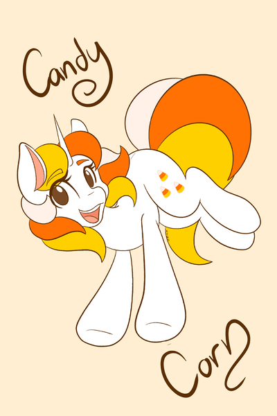 Size: 1365x2048 | Tagged: safe, artist:mscolorsplash, derpibooru import, oc, oc:candy corn, unofficial characters only, pony, unicorn, eyebrows, eyebrows visible through hair, female, horn, image, mare, name, no pupils, open mouth, open smile, png, simple background, smiling, solo, yellow background