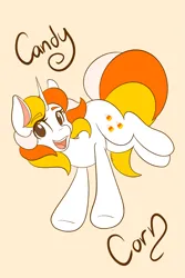 Size: 1365x2048 | Tagged: safe, artist:mscolorsplash, derpibooru import, oc, oc:candy corn, unofficial characters only, pony, unicorn, eyebrows, eyebrows visible through hair, female, horn, image, mare, name, no pupils, open mouth, open smile, png, simple background, smiling, solo, yellow background