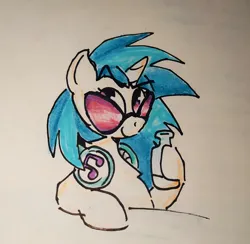 Size: 4322x4212 | Tagged: safe, derpibooru import, vinyl scratch, pony, unicorn, g4, drink, drinking, glasses, half body, headphones, horn, image, jpeg, milk, traditional art