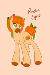 Size: 1365x2048 | Tagged: safe, artist:mscolorsplash, derpibooru import, oc, oc:pumpkin spice, unofficial characters only, earth pony, pony, body freckles, bow, colored hooves, colored muzzle, female, freckles, hooves, image, mare, name, no pupils, orange background, png, simple background, solo, tail, tail bow, tail bun