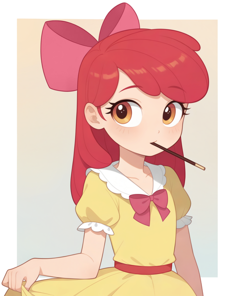 Size: 2048x2560 | Tagged: prompter needed, source needed, safe, ai content, derpibooru import, machine learning assisted, machine learning generated, apple bloom, human, blushing, bow, bowtie, chocolate, clothes, collarbone, dress, dress lift, food, gradient background, hair bow, humanized, image, looking at you, mouth hold, necktie, passepartout, png, pocky, short sleeves, solo, upper body