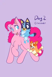 Size: 1365x2048 | Tagged: safe, artist:mscolorsplash, derpibooru import, pinkie pie, earth pony, pony, g4, bingo heeler, bluey, bluey heeler, crossover, female, hug, image, leg hug, mare, no pupils, open mouth, open smile, png, smiling, standing on two hooves