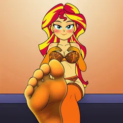 Size: 1024x1024 | Tagged: suggestive, machine learning generated, ponerpics import, sunset shimmer, equestria girls, clothes, evening gloves, feet, fetish, foot fetish, foot focus, gloves, image, jpeg, lingerie, long gloves, sock fetish, socks, stocking feet