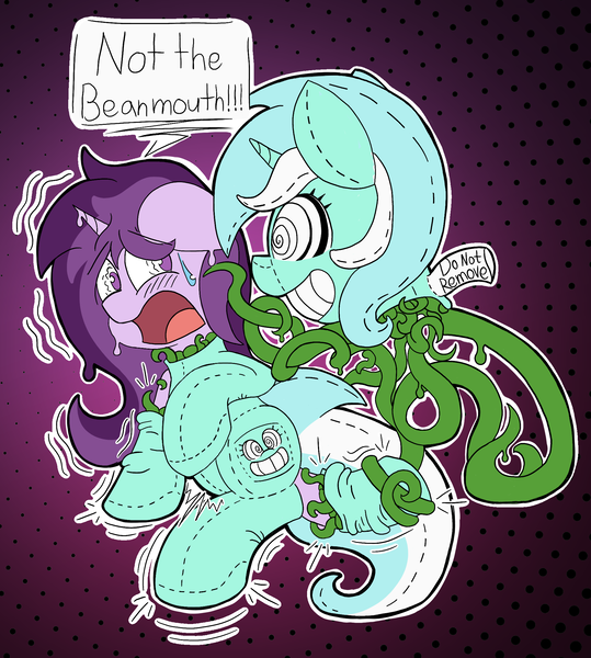 Size: 1913x2130 | Tagged: suggestive, artist:starbounce, derpibooru import, lyra heartstrings, oc, oc:czupone, unicorn, altered cutie mark, bean mouth, clothes, horn, hypnosis, image, living clothes, living suit, mind control, plushification, png, socks, tentacles