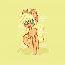 Size: 1411x1411 | Tagged: safe, artist:po666um, artist:possumpuppy, derpibooru import, applejack, earth pony, pony, g4, apple eyes, emanata, image, jpeg, raised hoof, simple background, solo, wingding eyes, yellow background