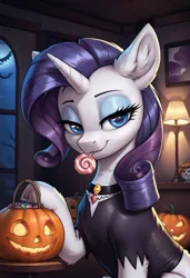 Size: 832x1216 | Tagged: safe, ai content, derpibooru import, machine learning generated, prompter:thelight3d, stable diffusion, rarity, unicorn, g4, candy, choker, clothes, food, generator:pony diffusion v6 xl, halloween, holiday, horn, image, indoors, jack-o-lantern, jpeg, lamp, pumpkin, window