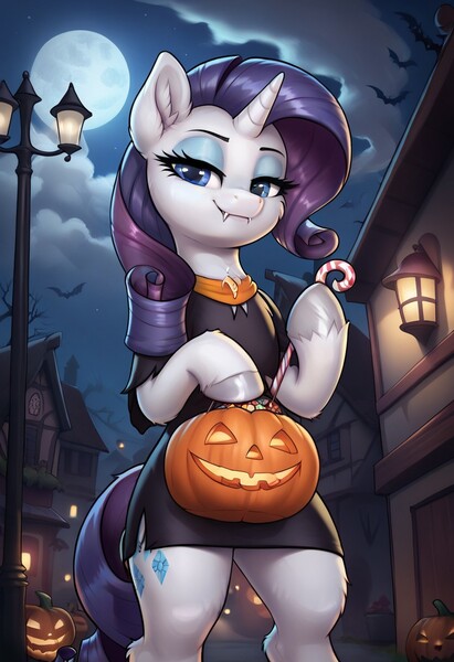 Size: 832x1216 | Tagged: safe, ai content, derpibooru import, machine learning generated, prompter:thelight3d, stable diffusion, rarity, unicorn, g4, bipedal, candy, clothes, fangs, food, generator:pony diffusion v6 xl, halloween, holiday, horn, image, jack-o-lantern, jpeg, moon, outdoors, pumpkin, street lamp, window