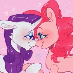 Size: 1301x1301 | Tagged: safe, artist:po666um, artist:possumpuppy, derpibooru import, pinkie pie, rarity, earth pony, pony, unicorn, g4, boop, duo, female, heart, holding hooves, horn, image, jpeg, lesbian, lidded eyes, noseboop, ship:raripie, shipping