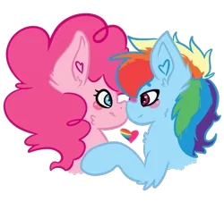 Size: 720x650 | Tagged: safe, artist:bytemyfur, derpibooru import, pinkie pie, rainbow dash, pony, g4, blush sticker, blushing, bust, duo, female, heart, heart ears, image, lesbian, nuzzling, pinkiedash, png, pride, pride flag, shipping, simple background, transparent background