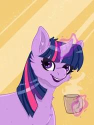 Size: 1500x2000 | Tagged: safe, artist:bytemyfur, derpibooru import, twilight sparkle, pony, unicorn, g4, cheek fluff, coffee, coffee mug, curved horn, horn, image, magic, mug, png, smiling, solo, telekinesis, unicorn twilight