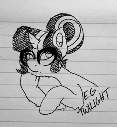 Size: 540x585 | Tagged: safe, artist:bytemyfur, derpibooru import, sci-twi, twilight sparkle, ponified, pony, unicorn, equestria girls, g4, black and white, equestria girls ponified, glasses, grayscale, hair bun, image, ink drawing, jpeg, lined paper, monochrome, solo, traditional art, unicorn sci-twi