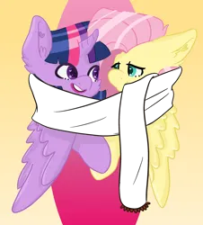 Size: 2200x2429 | Tagged: safe, artist:bytemyfur, derpibooru import, fluttershy, twilight sparkle, twilight sparkle (alicorn), alicorn, pegasus, pony, g4, clothes, cute, duo, female, image, lesbian, looking at each other, looking at someone, png, scarf, shared clothing, shared scarf, ship:twishy, shipping