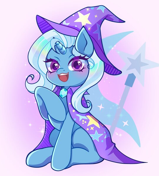 Size: 2700x3000 | Tagged: safe, artist:radiant_toast, derpibooru import, trixie, pony, unicorn, blushing, cape, clothes, cutie mark background, female, hat, hoof on chest, horn, image, jpeg, mare, open mouth, open smile, sitting, smiling, solo, trixie's cape, trixie's hat