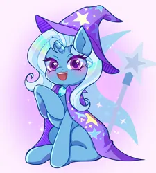 Size: 2700x3000 | Tagged: safe, artist:radiant_toast, derpibooru import, trixie, pony, unicorn, blushing, cape, clothes, cutie mark background, female, hat, hoof on chest, horn, image, jpeg, mare, open mouth, open smile, sitting, smiling, solo, trixie's cape, trixie's hat