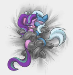 Size: 3411x3525 | Tagged: suggestive, artist:anonymous, starlight glimmer, trixie, pony, unicorn, /create/, /mlp/, 4chan, bed, bedroom eyes, blushing, clothes, cuddling, duo, duo female, female, image, jpeg, latex, latex leotard, latex socks, leotard, looking at you, mare, socks