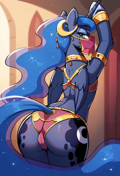 Size: 832x1216 | Tagged: questionable, ai content, derpibooru import, machine learning generated, prompter:bbg, stable diffusion, princess luna, alicorn, pony, semi-anthro, arms in the air, belly dancer, belly dancer outfit, both cutie marks, butt, butt focus, cameltoe, clothes, dock, ethereal mane, eyeshadow, female, harem, harem outfit, hoof shoes, image, indoors, jewelry, jpeg, looking at you, looking back, looking back at you, makeup, moonbutt, panties, plot, smiling, smirk, solo, solo female, starry mane, underwear