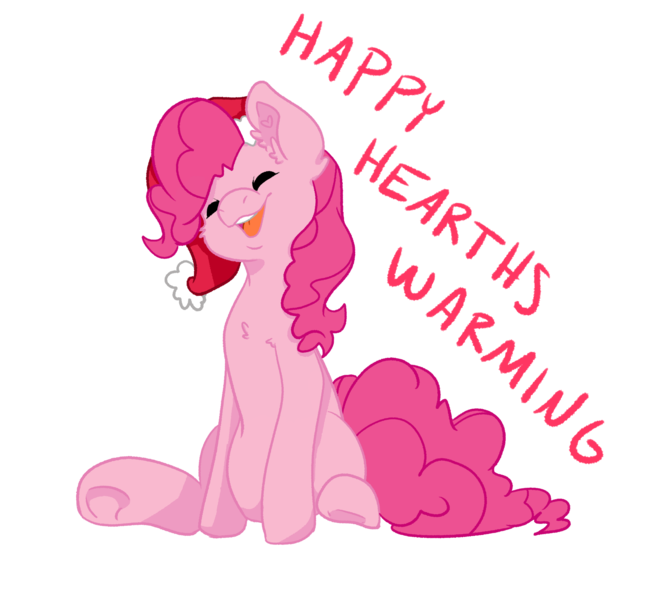 Size: 2549x2353 | Tagged: safe, artist:bytemyfur, derpibooru import, part of a set, pinkie pie, earth pony, pony, g4, christmas, eyes closed, female, happy hearth's warming, hat, holiday, image, mare, png, santa hat, simple background, sitting, smiling, solo, transparent background