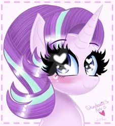 Size: 1024x1128 | Tagged: safe, artist:shadowiesart, derpibooru import, starlight glimmer, pony, unicorn, blushing, bust, deviantart watermark, female, heart, heart eyes, horn, image, jpeg, mare, obtrusive watermark, portrait, smiling, solo, watermark, wingding eyes